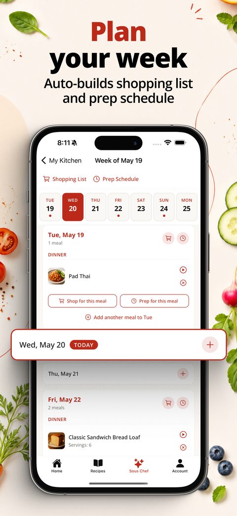 Mise app screenshot — plan your week with auto-built shopping list and prep schedule